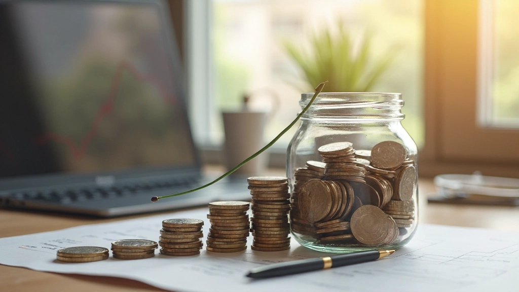 Tabuľka úspor s rastúcim grafom a mincami v sklenenom pohári