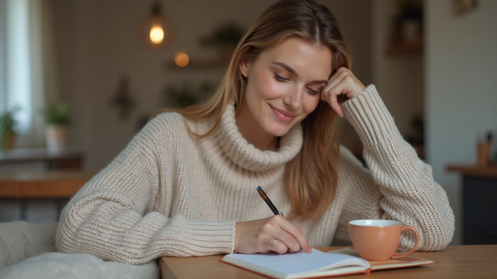 Profesionálna fotografia ženy sediacej s šálkou čaju a zápisníkom, rozmýšľajúcej o finančných cieľoch